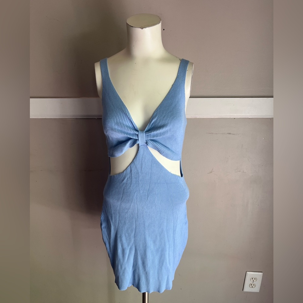 debut Light Blue Ribbed Knit Mini Dress with Front Cutout